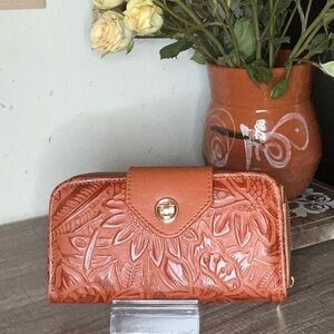 Cielo Embossed Floral Leather Wallet - Terracotta Orange